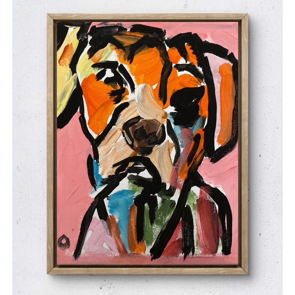 OMAN Abstract Dog Portrait Animal Acrylic Painting 8x10 Canvas Pink Orange Blue